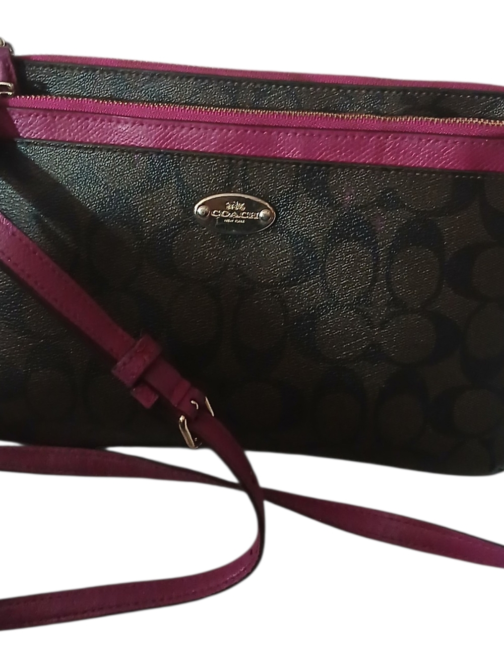 Coach Signature Crossbody Bag in Black with Pink Trim